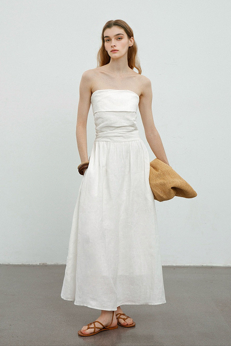 100% Linen Strapless Ruched A-Line Maxi Dress