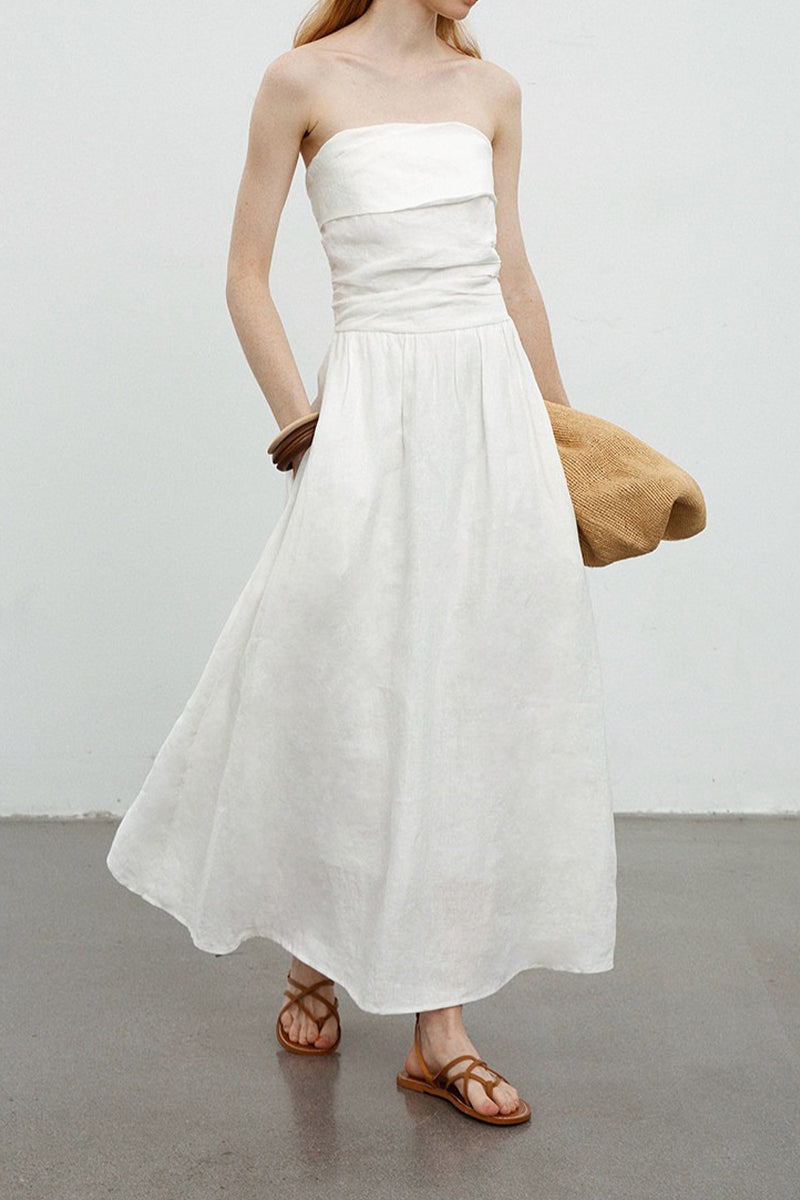 100% Linen Strapless Ruched A-Line Maxi Dress