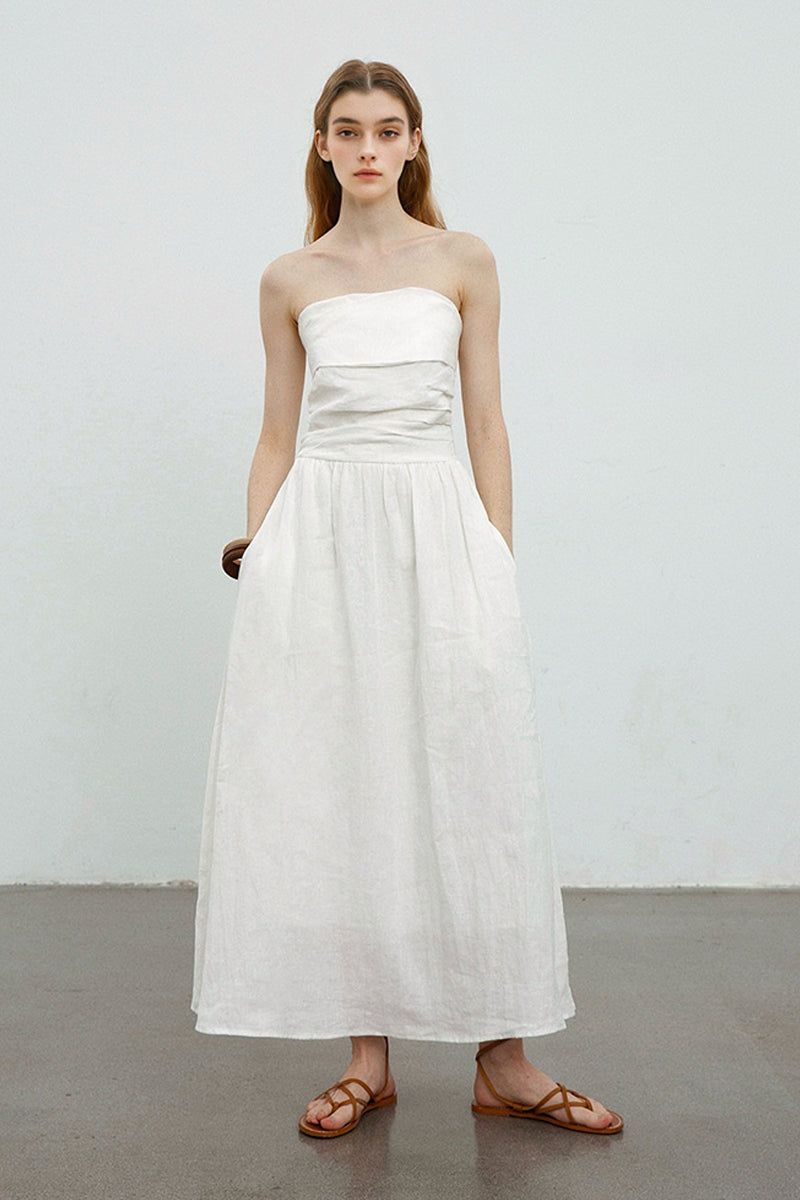 100% Linen Strapless Ruched A-Line Maxi Dress