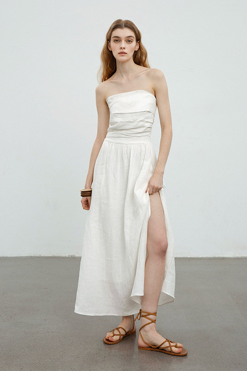 100% Linen Strapless Ruched A-Line Maxi Dress