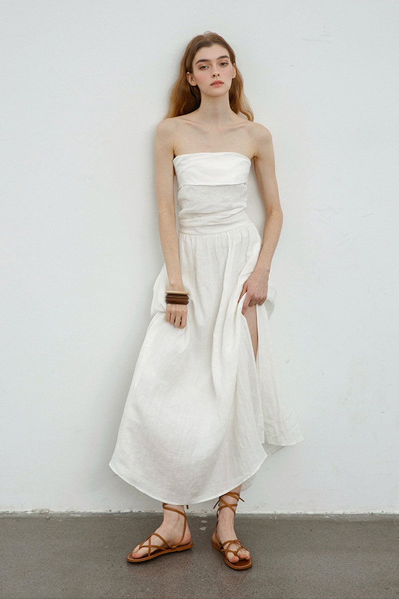 100% Linen Strapless Ruched A-Line Maxi Dress