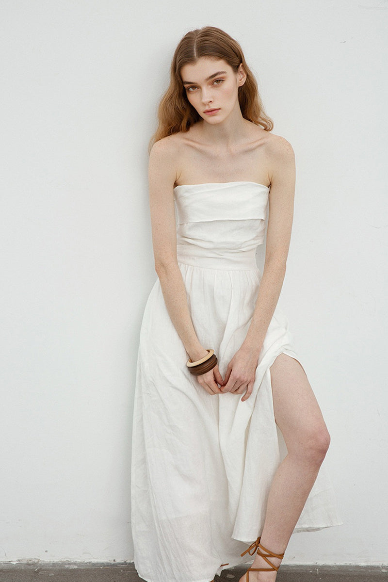 100% Linen Strapless Ruched A-Line Maxi Dress