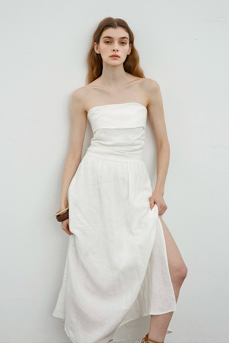 100% Linen Strapless Ruched A-Line Maxi Dress