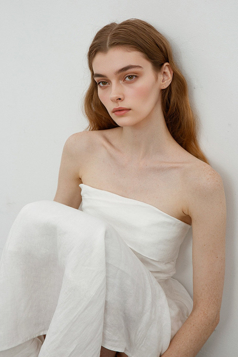 100% Linen Strapless Ruched A-Line Maxi Dress