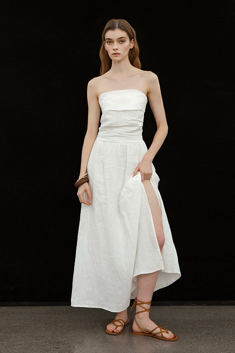 100% Linen Strapless Ruched A-Line Maxi Dress