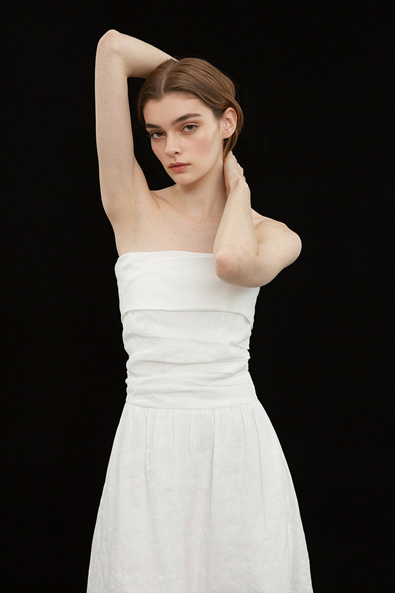 100% Linen Strapless Ruched A-Line Maxi Dress