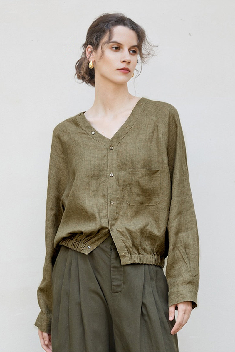 100% Linen V-Neck Elastic Hem Shirt