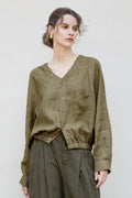 100% Linen V-Neck Elastic Hem Shirt