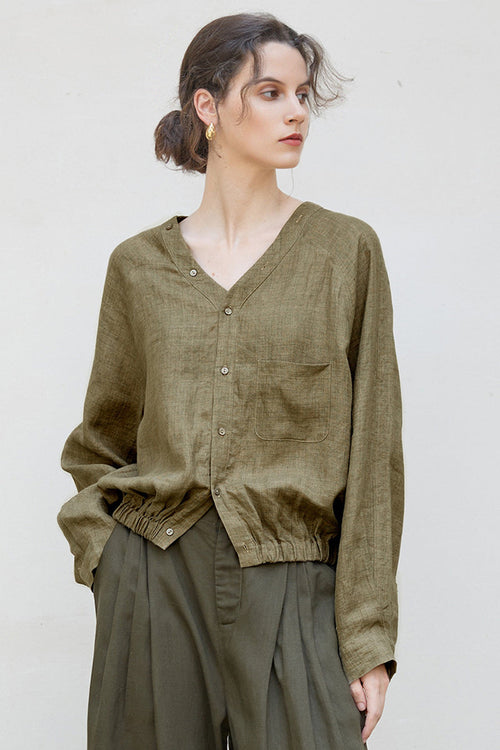 100% Linen V-Neck Elastic Hem Shirt
