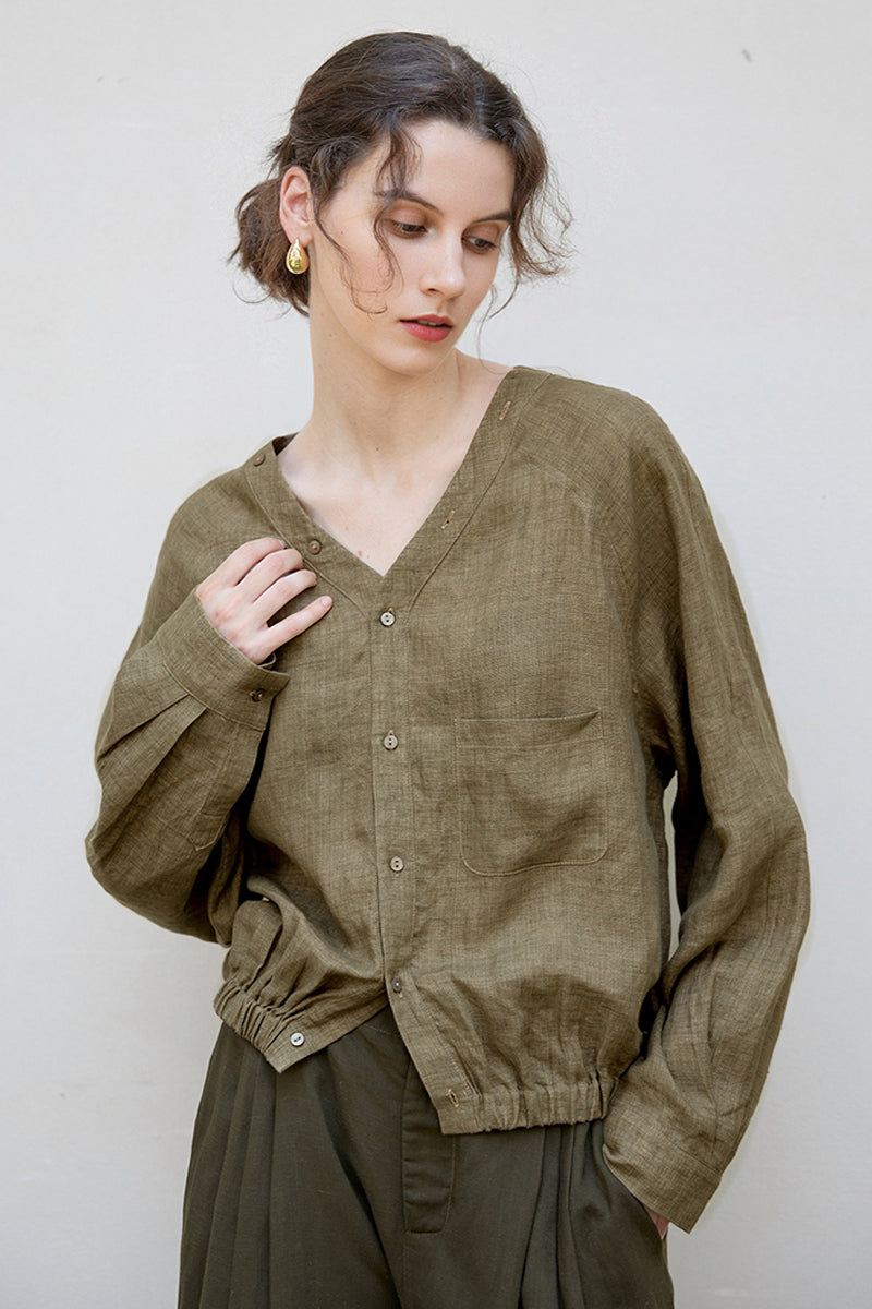 100% Linen V-Neck Elastic Hem Shirt