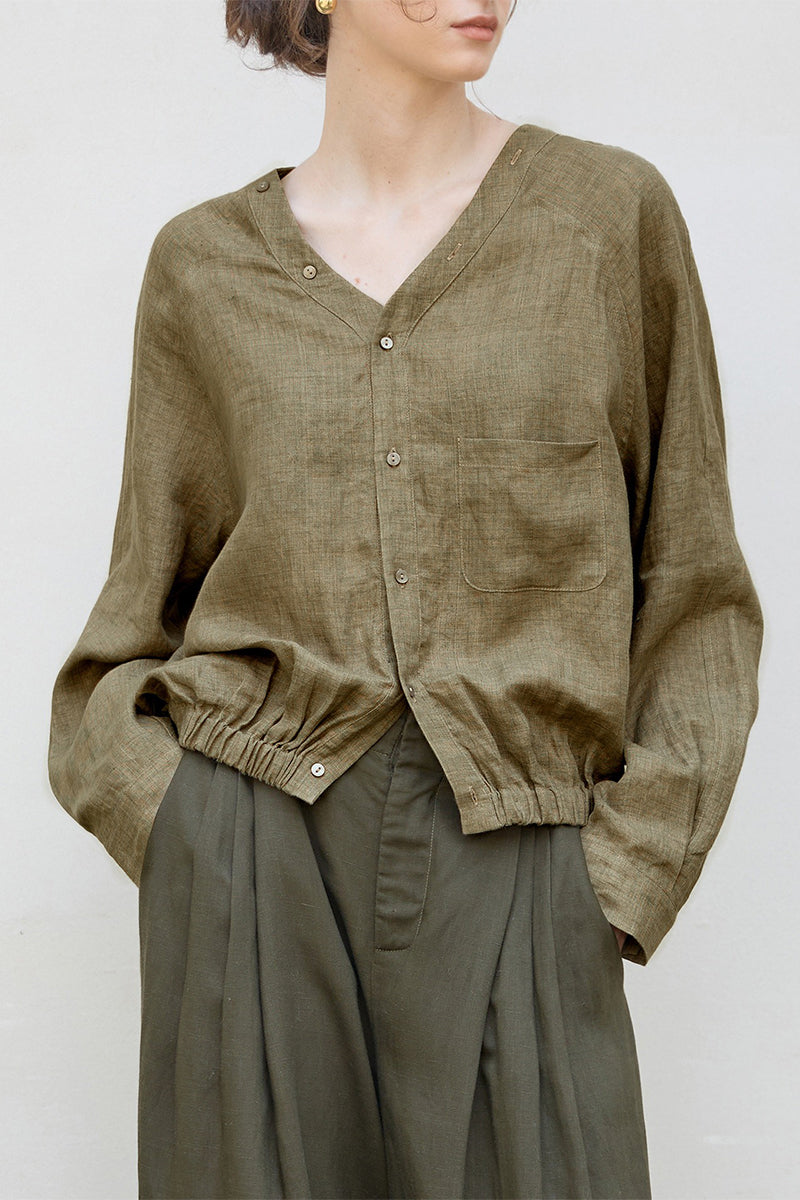100% Linen V-Neck Elastic Hem Shirt