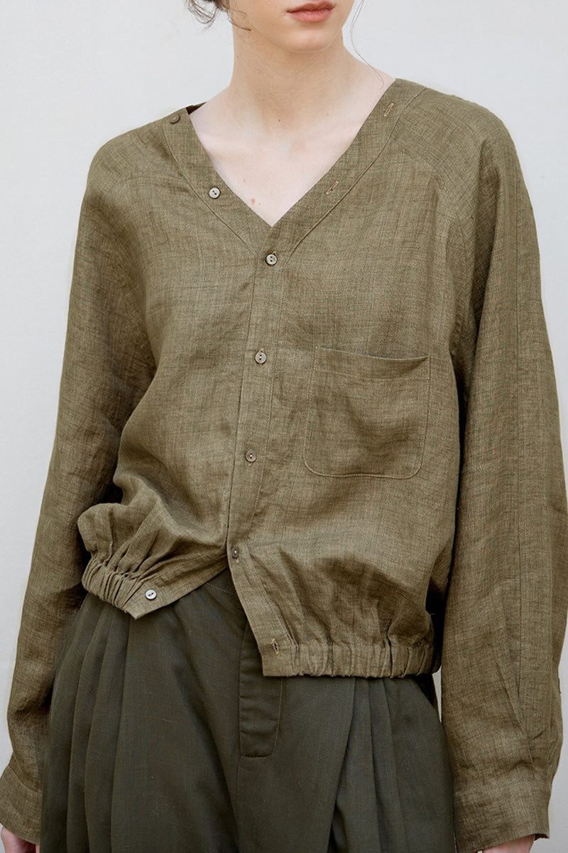 100% Linen V-Neck Elastic Hem Shirt