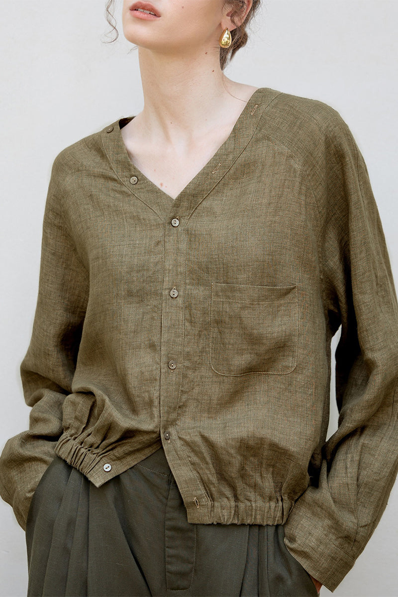 100% Linen V-Neck Elastic Hem Shirt