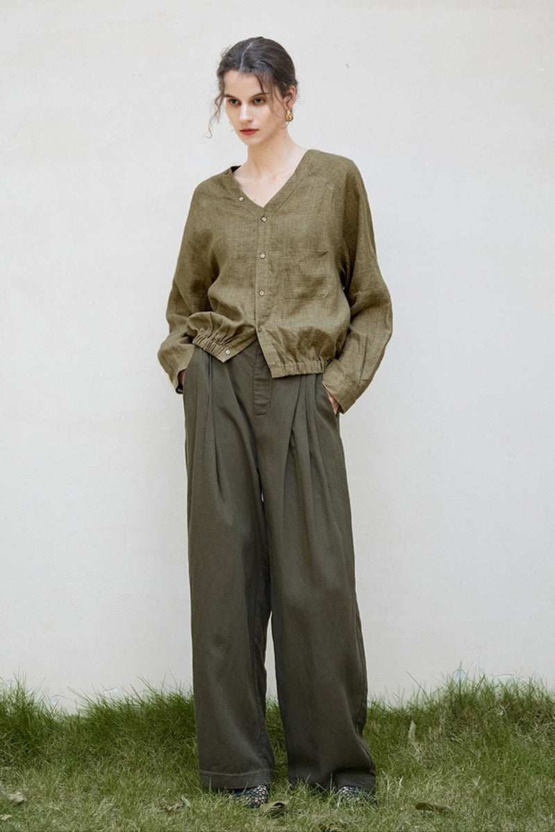 100% Linen V-Neck Elastic Hem Shirt