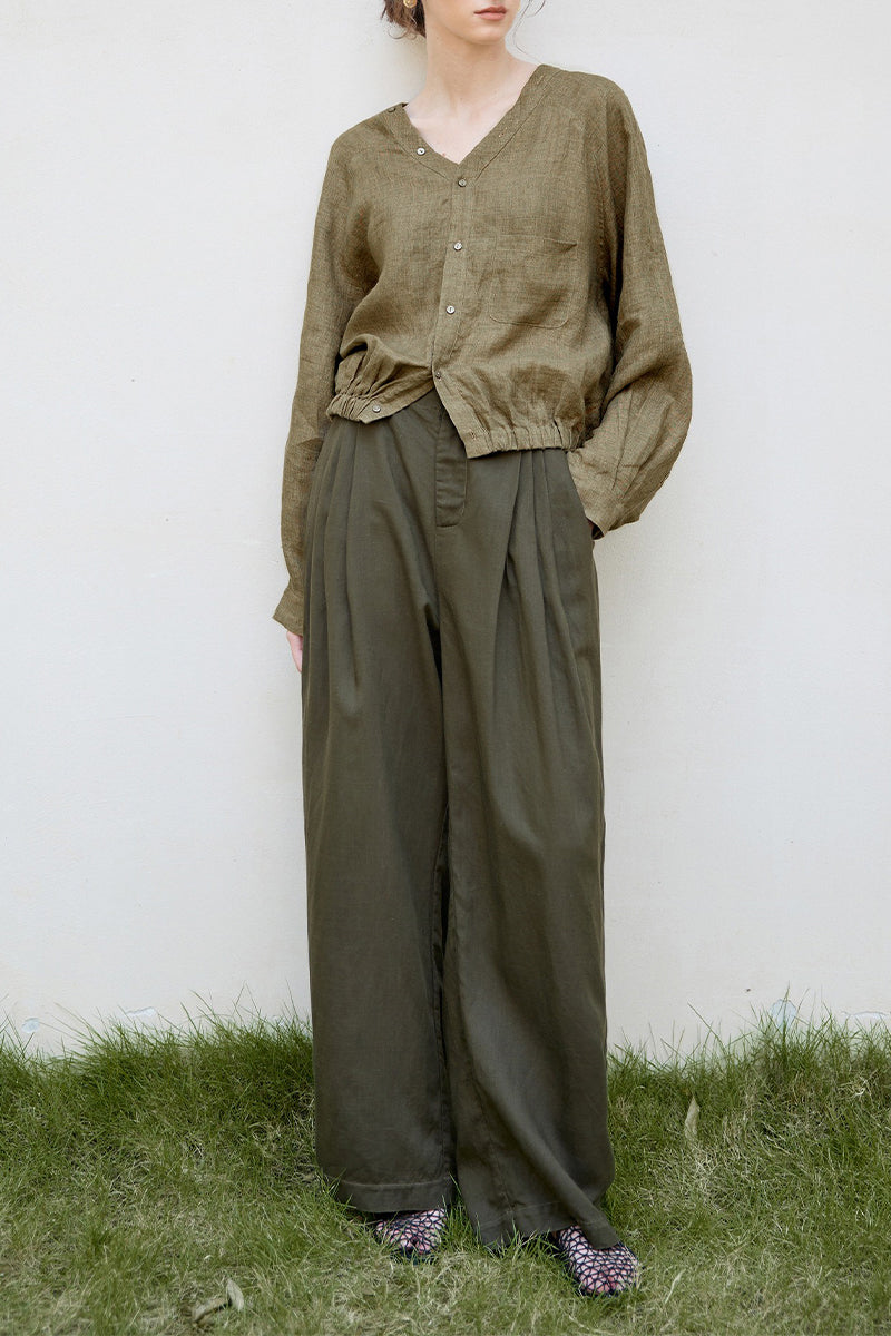 100% Linen V-Neck Elastic Hem Shirt