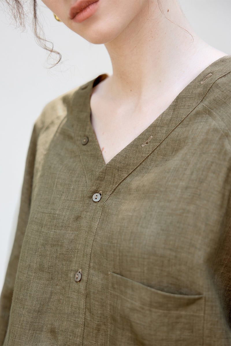 100% Linen V-Neck Elastic Hem Shirt
