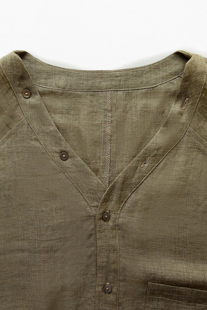 100% Linen V-Neck Elastic Hem Shirt