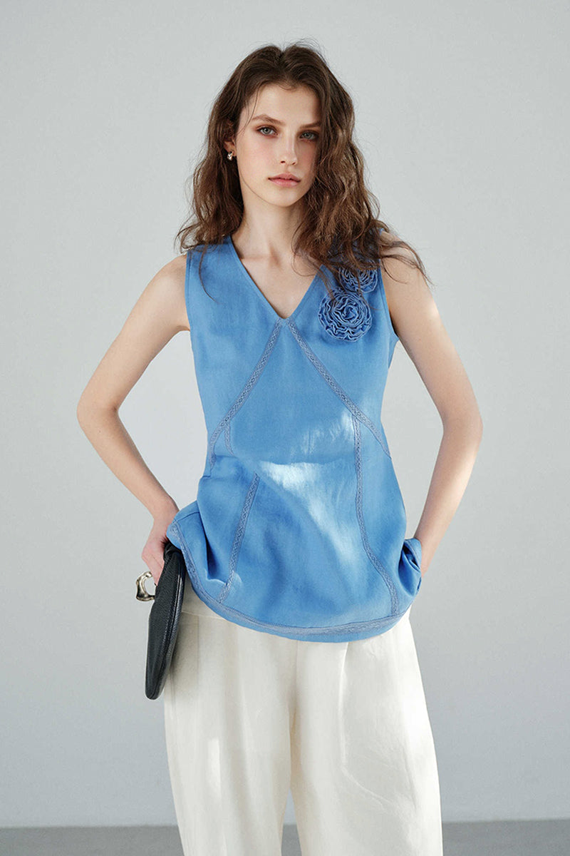 100% Linen V Neck Tank Top with Floral Appliqué