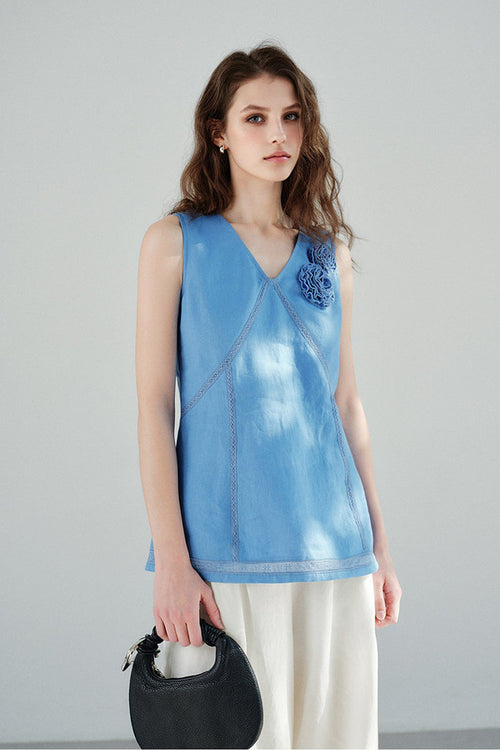 100% Linen V Neck Tank Top with Floral Appliqué