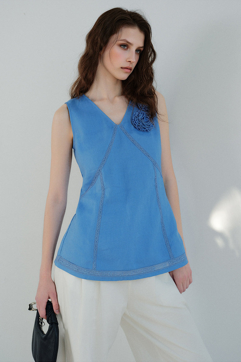 100% Linen V Neck Tank Top with Floral Appliqué
