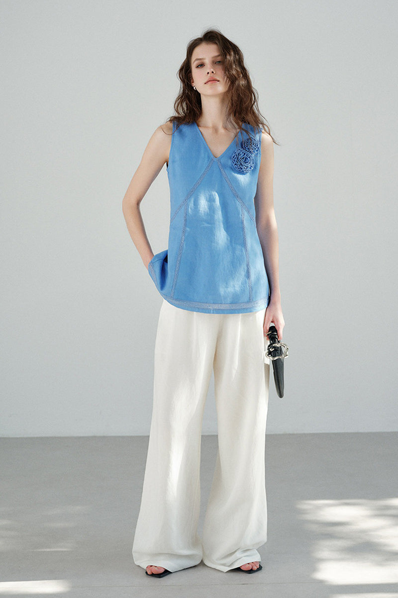 100% Linen V Neck Tank Top with Floral Appliqué