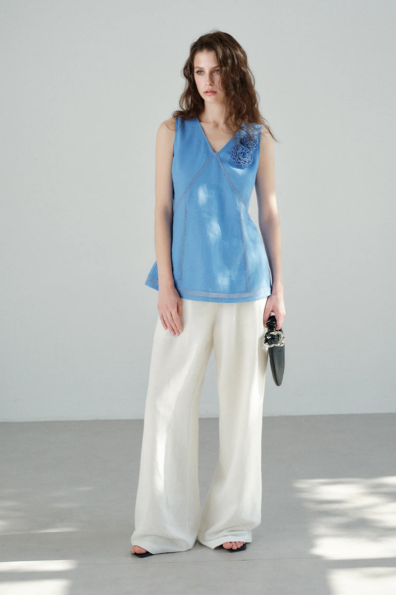 100% Linen V Neck Tank Top with Floral Appliqué