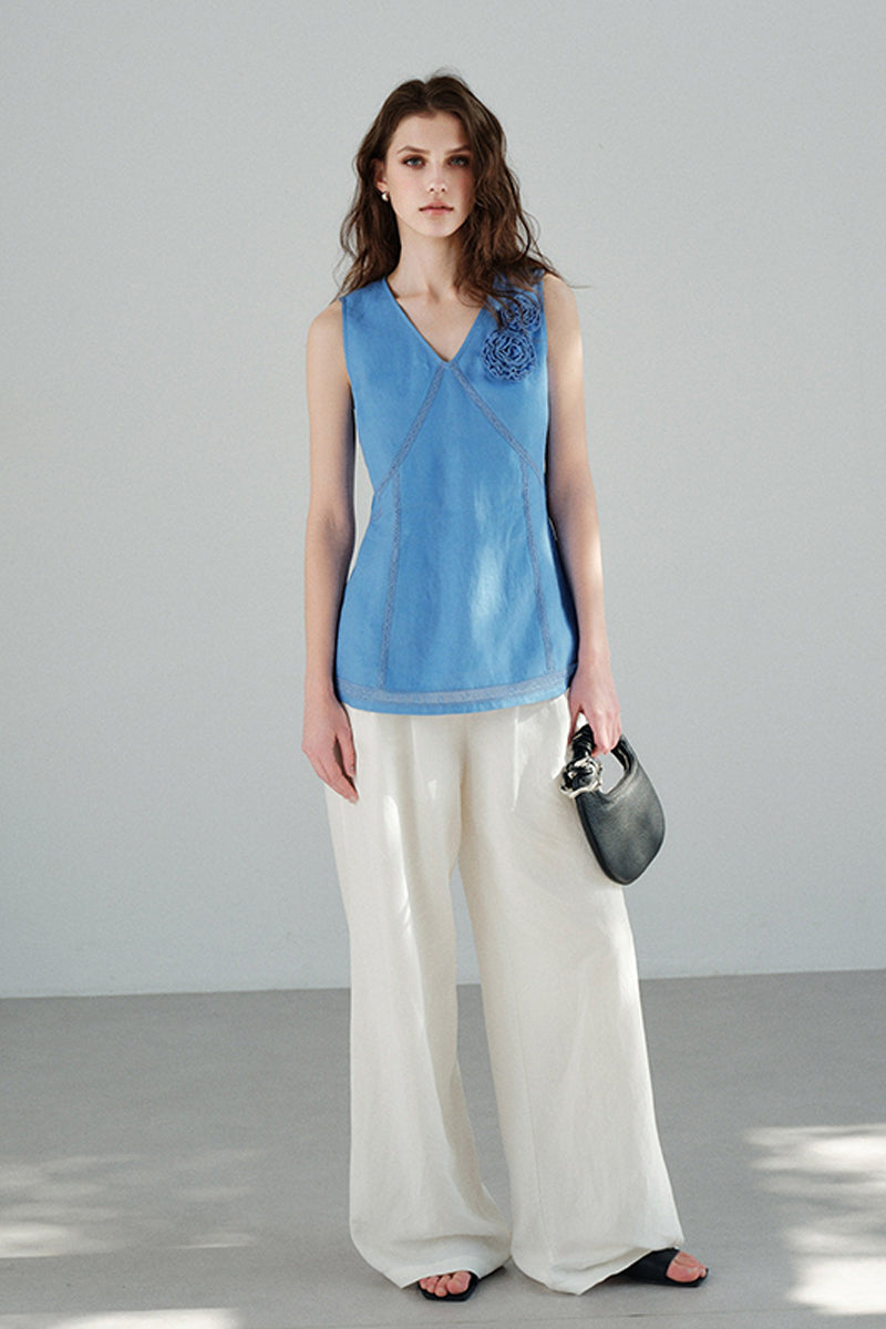 100% Linen V Neck Tank Top with Floral Appliqué