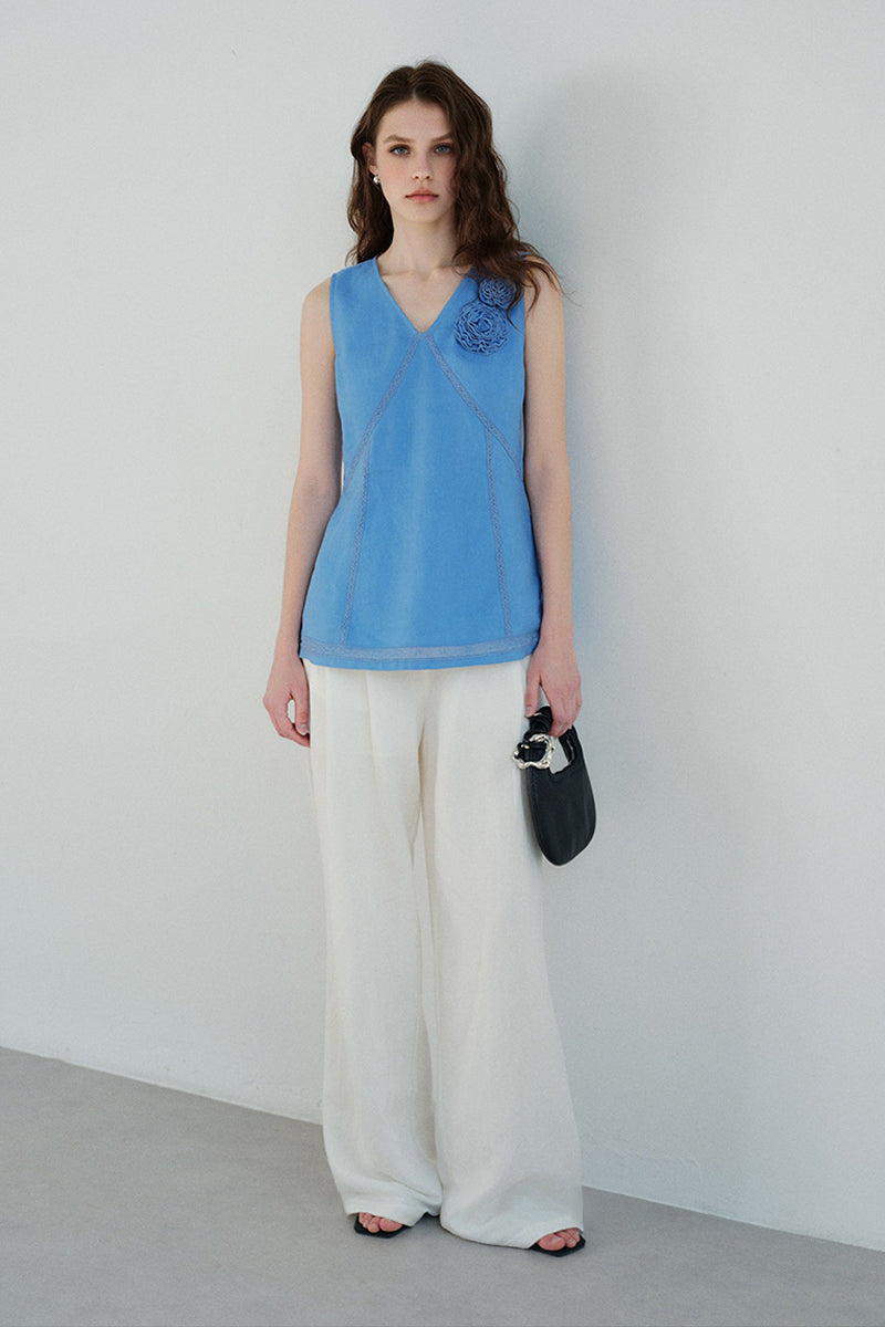 100% Linen V Neck Tank Top with Floral Appliqué