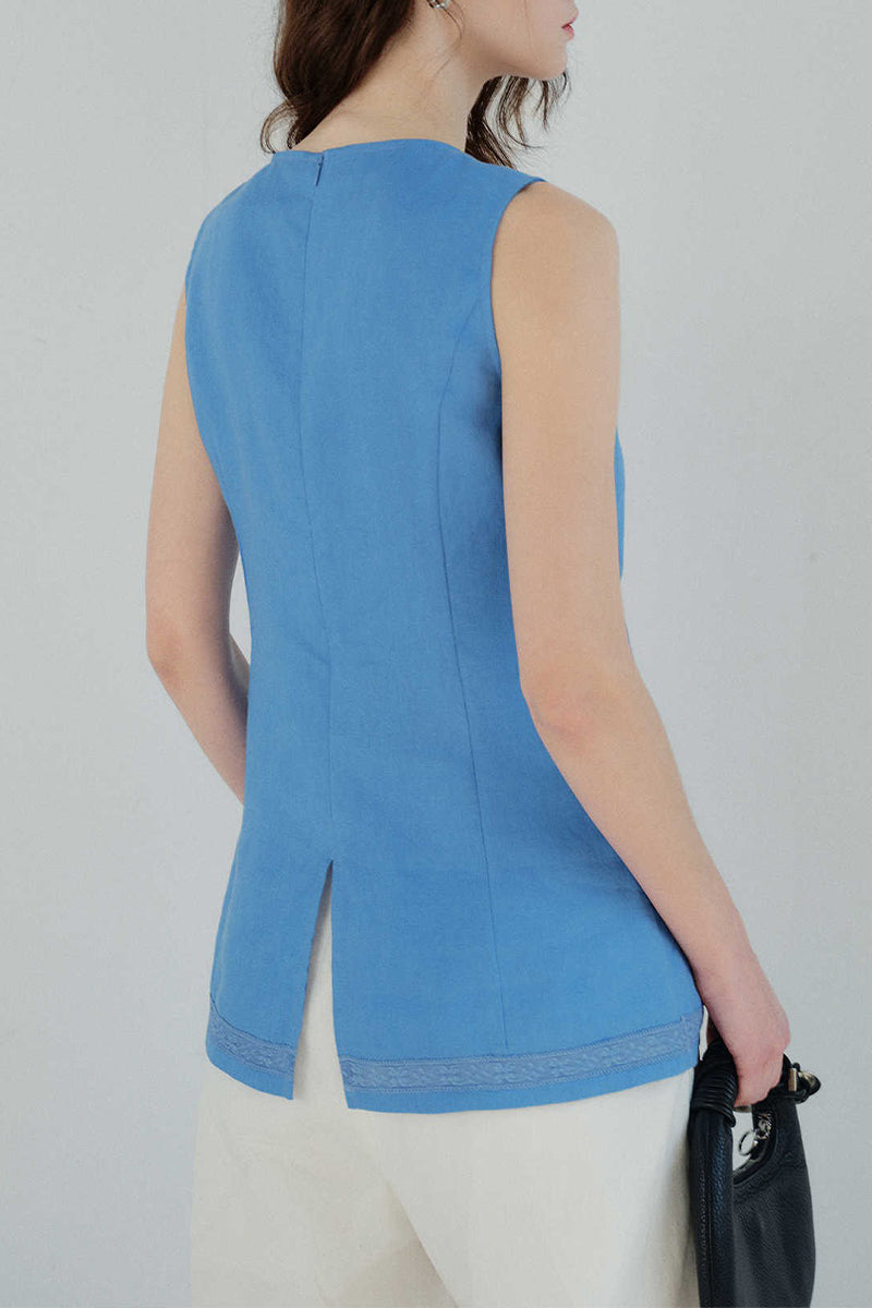 100% Linen V Neck Tank Top with Floral Appliqué