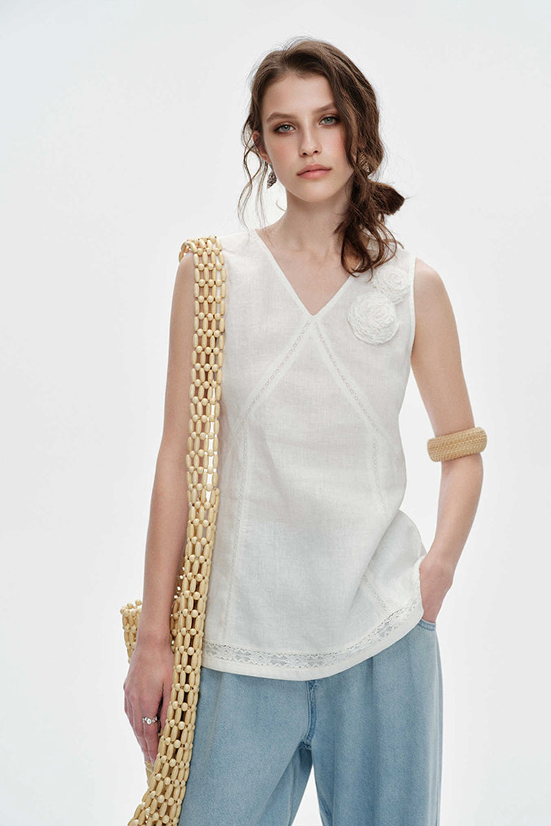100% Linen V Neck Tank Top with Floral Appliqué