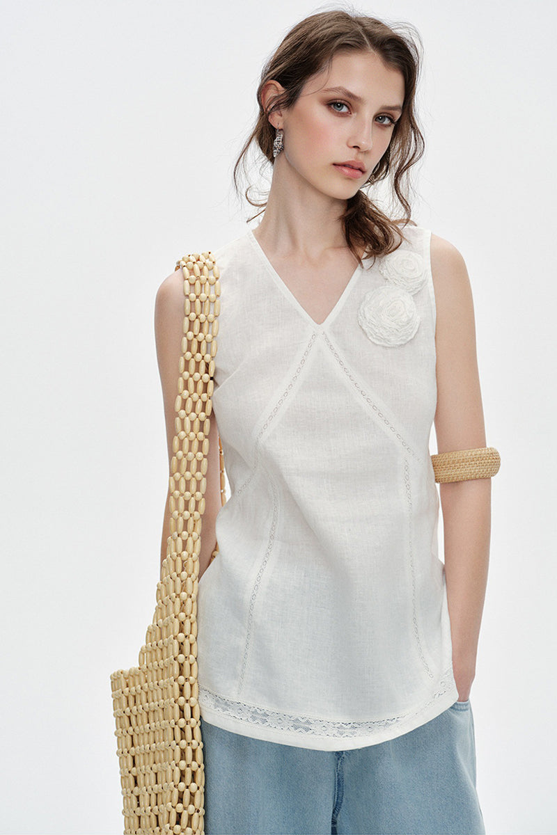 100% Linen V Neck Tank Top with Floral Appliqué