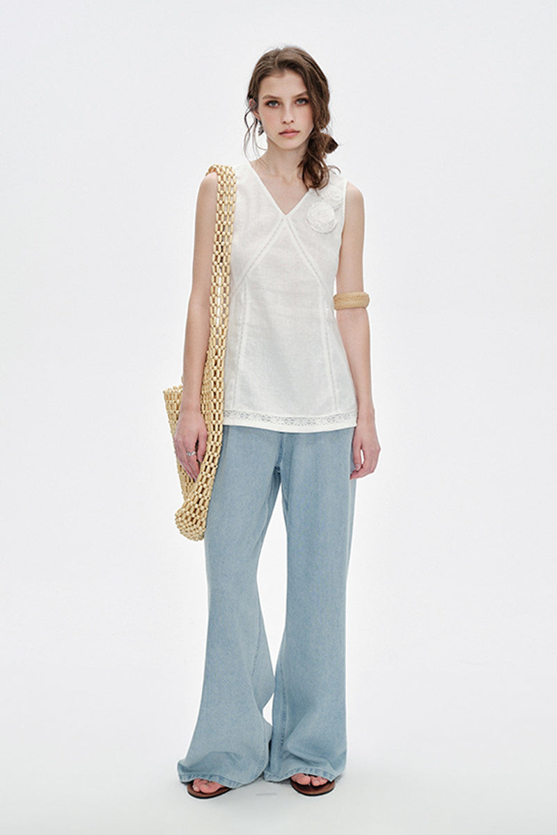 100% Linen V Neck Tank Top with Floral Appliqué