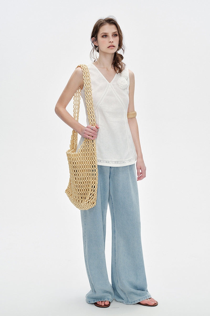 100% Linen V Neck Tank Top with Floral Appliqué