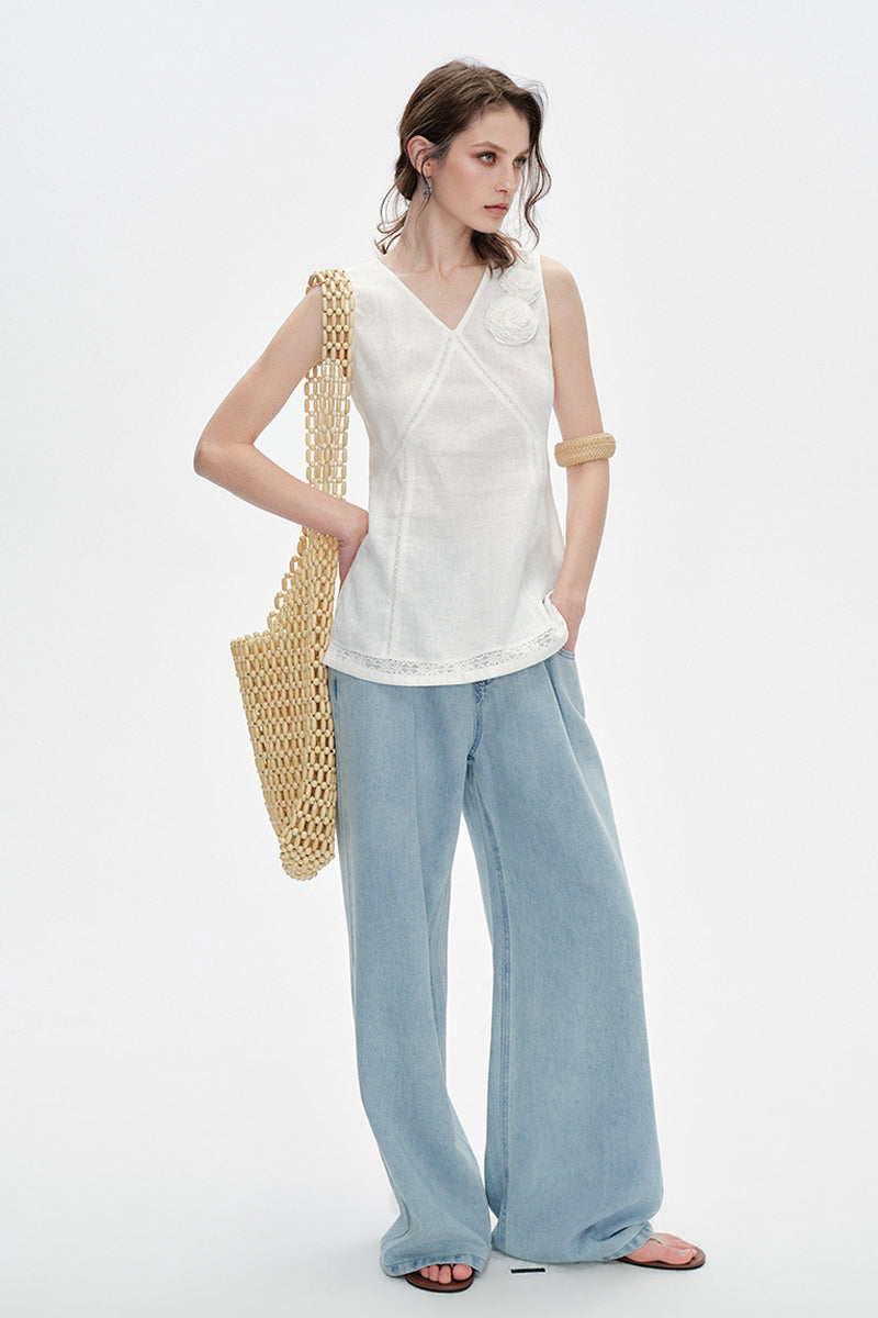 100% Linen V Neck Tank Top with Floral Appliqué