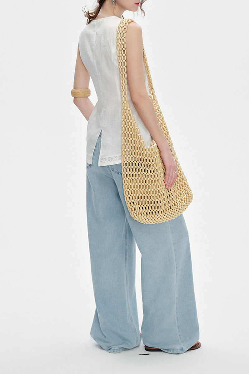 100% Linen V Neck Tank Top with Floral Appliqué