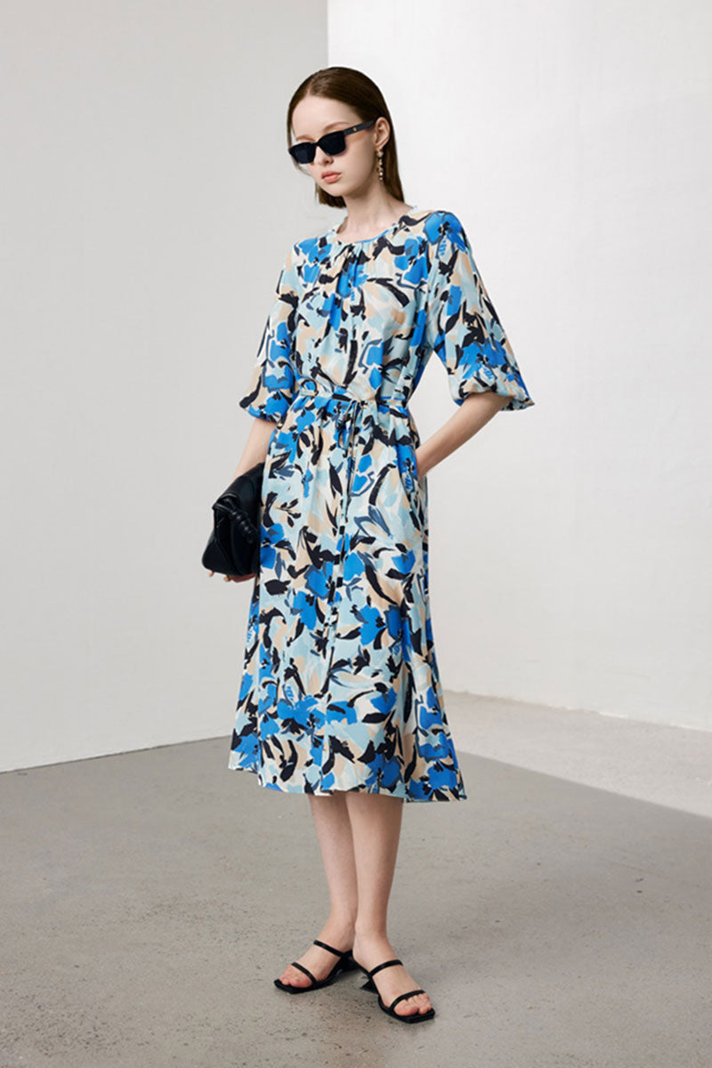 100 Mulberry Silk Abstract Print Balloon-Sleeve Midi Dress