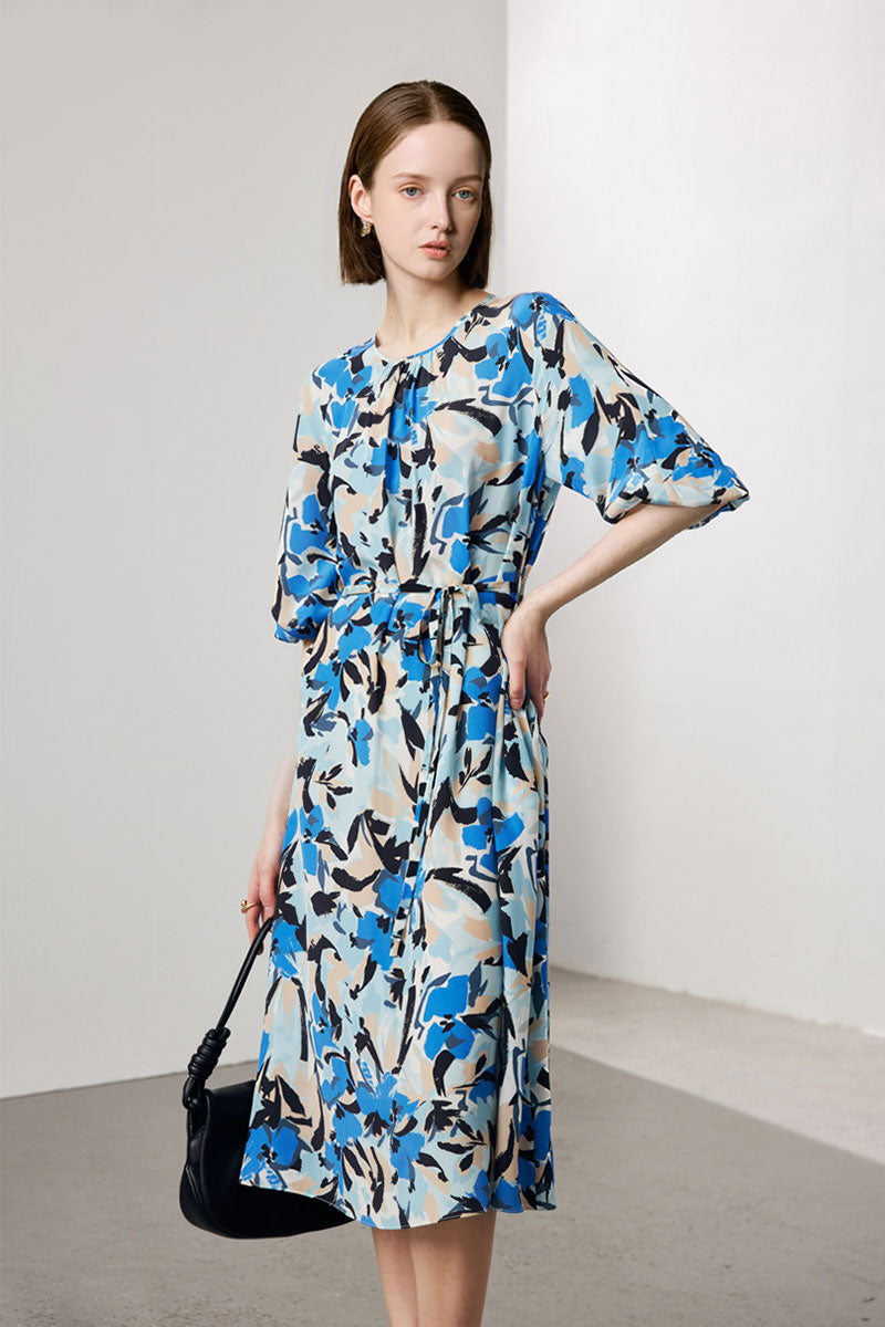 100 Mulberry Silk Abstract Print Balloon-Sleeve Midi Dress