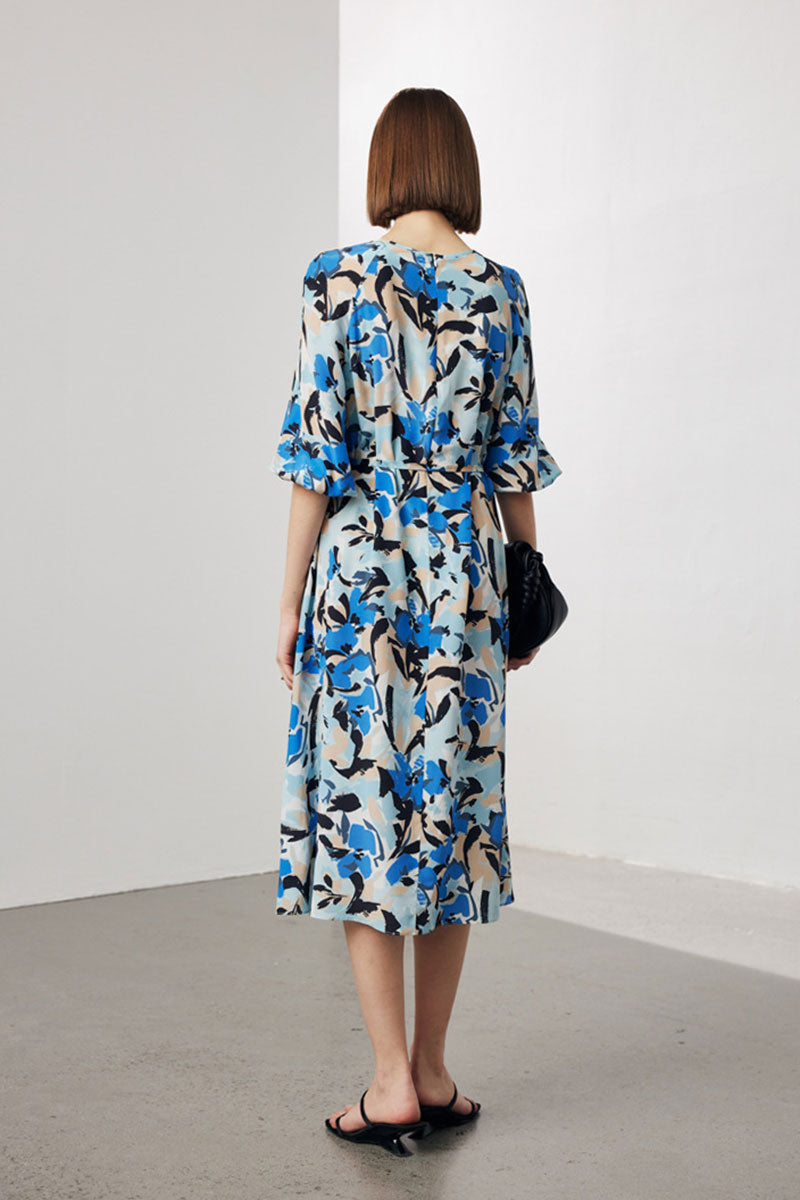 100 Mulberry Silk Abstract Print Balloon-Sleeve Midi Dress
