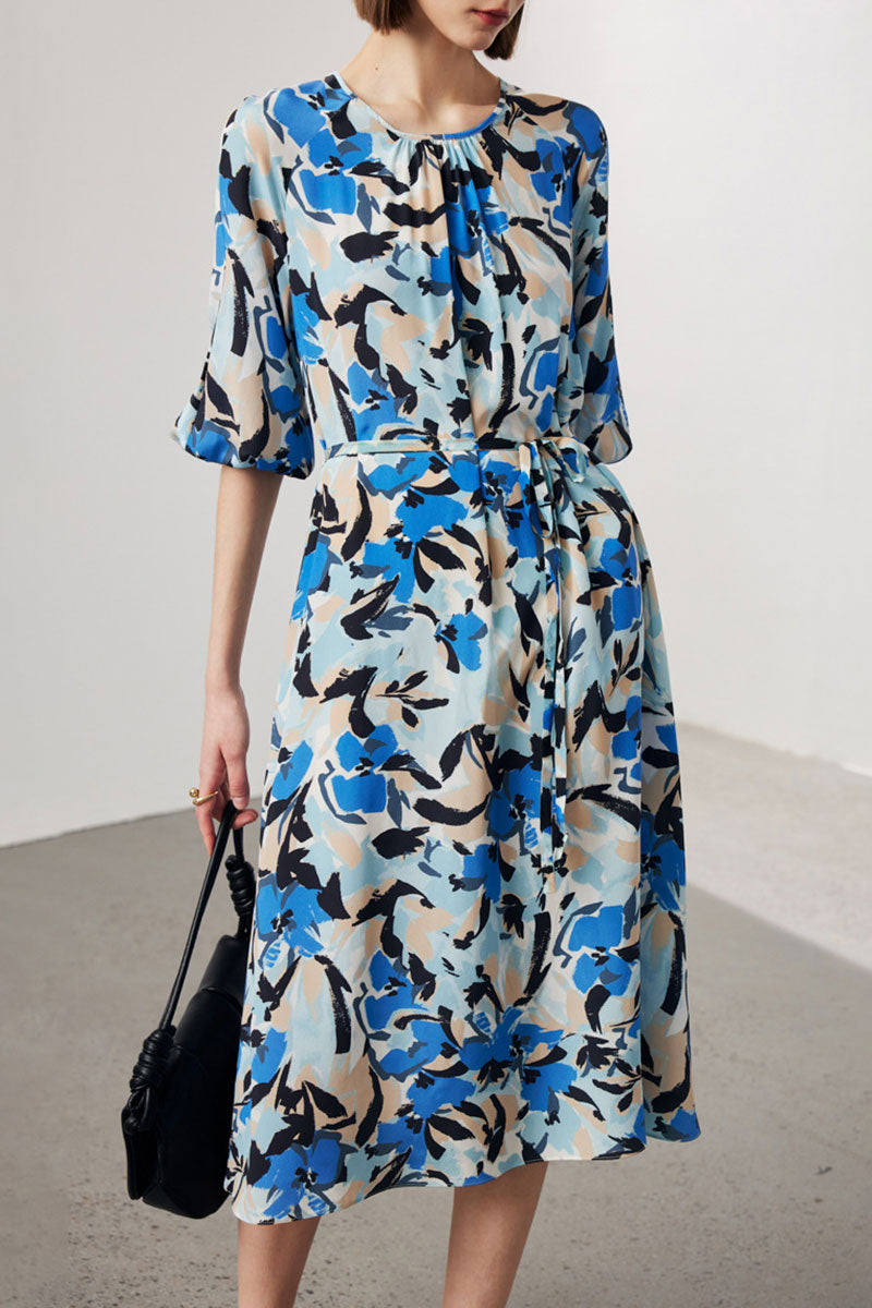 100 Mulberry Silk Abstract Print Balloon-Sleeve Midi Dress