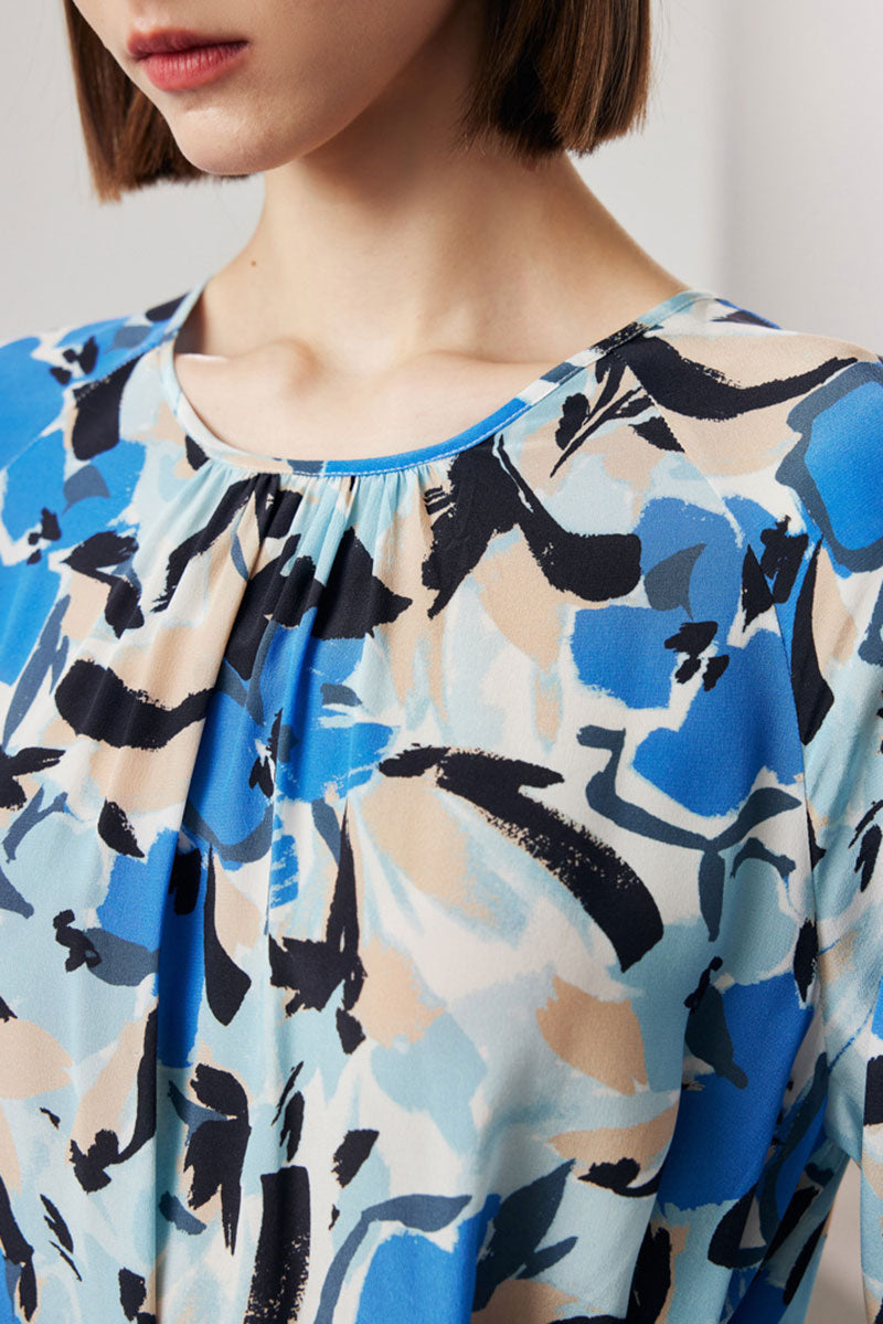 100 Mulberry Silk Abstract Print Balloon-Sleeve Midi Dress
