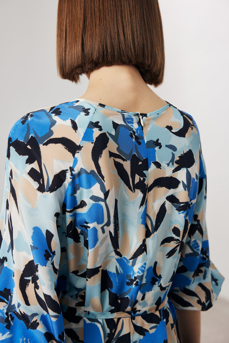 100 Mulberry Silk Abstract Print Balloon-Sleeve Midi Dress