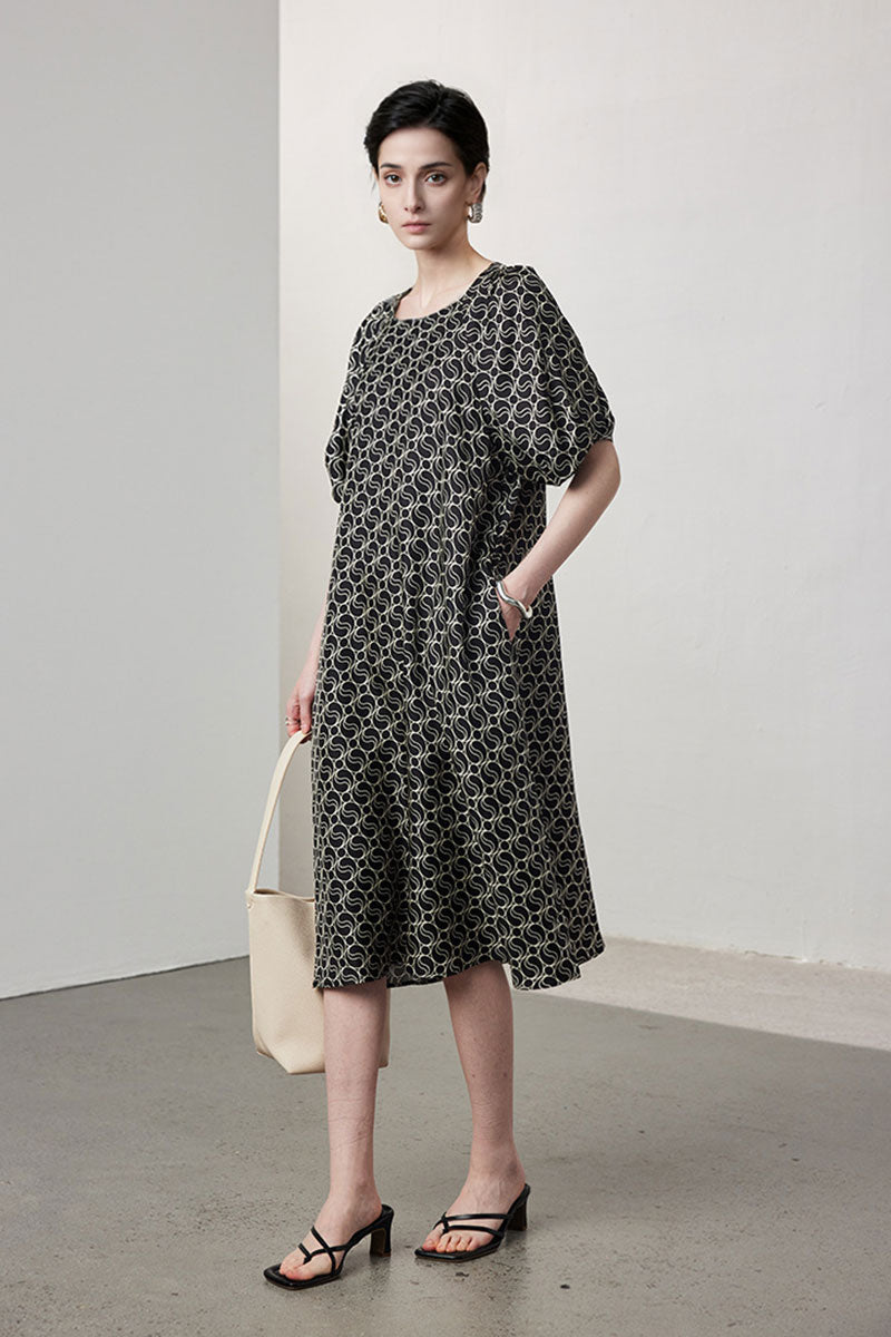 100 Mulberry Silk Chain Print Puff-Sleeve Belted Midi Dress with Pockets