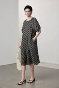 100 Mulberry Silk Chain Print Puff-Sleeve Belted Midi Dress with Pockets