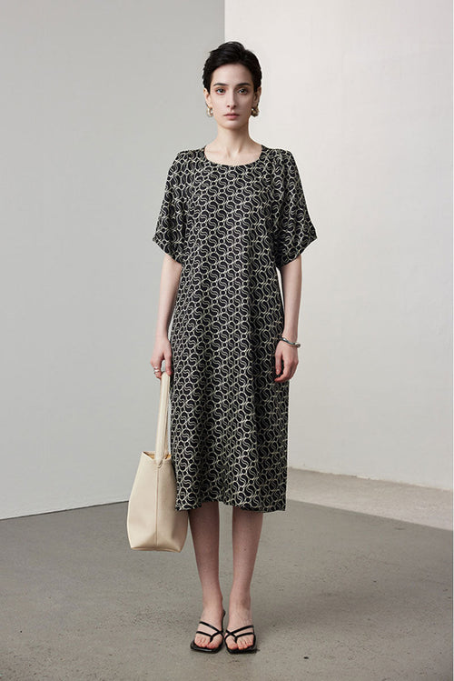 100 Mulberry Silk Chain Print Puff-Sleeve Belted Midi Dress with Pockets