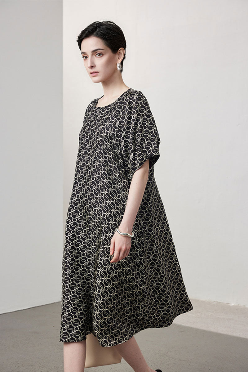 100 Mulberry Silk Chain Print Puff-Sleeve Belted Midi Dress with Pockets