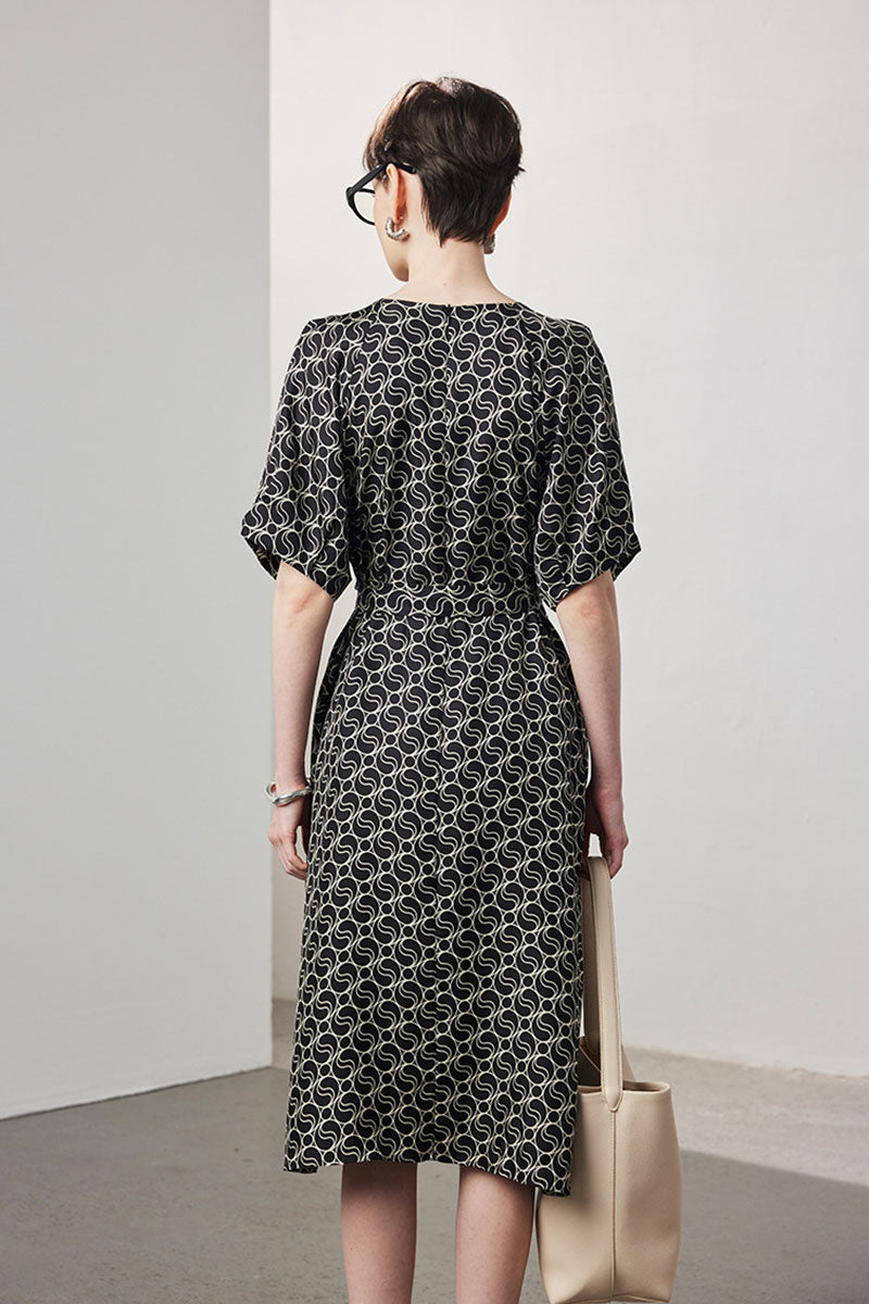100 Mulberry Silk Chain Print Puff-Sleeve Belted Midi Dress with Pockets