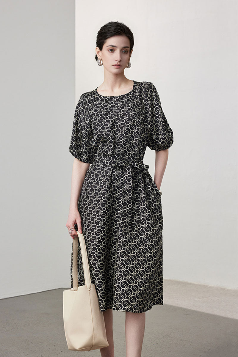 100 Mulberry Silk Chain Print Puff-Sleeve Belted Midi Dress with Pockets