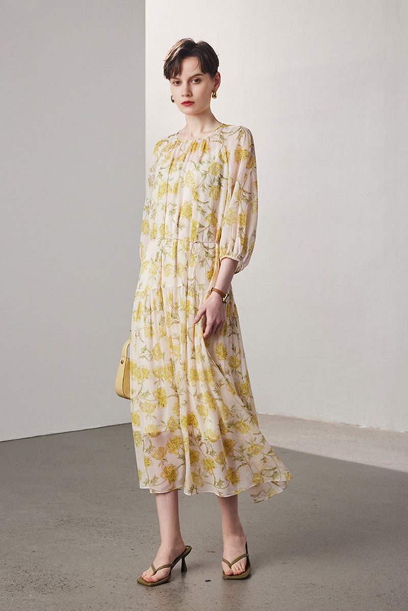100 Mulberry Silk Floral  Balloon-Sleeve Drop Waist Midi Dress