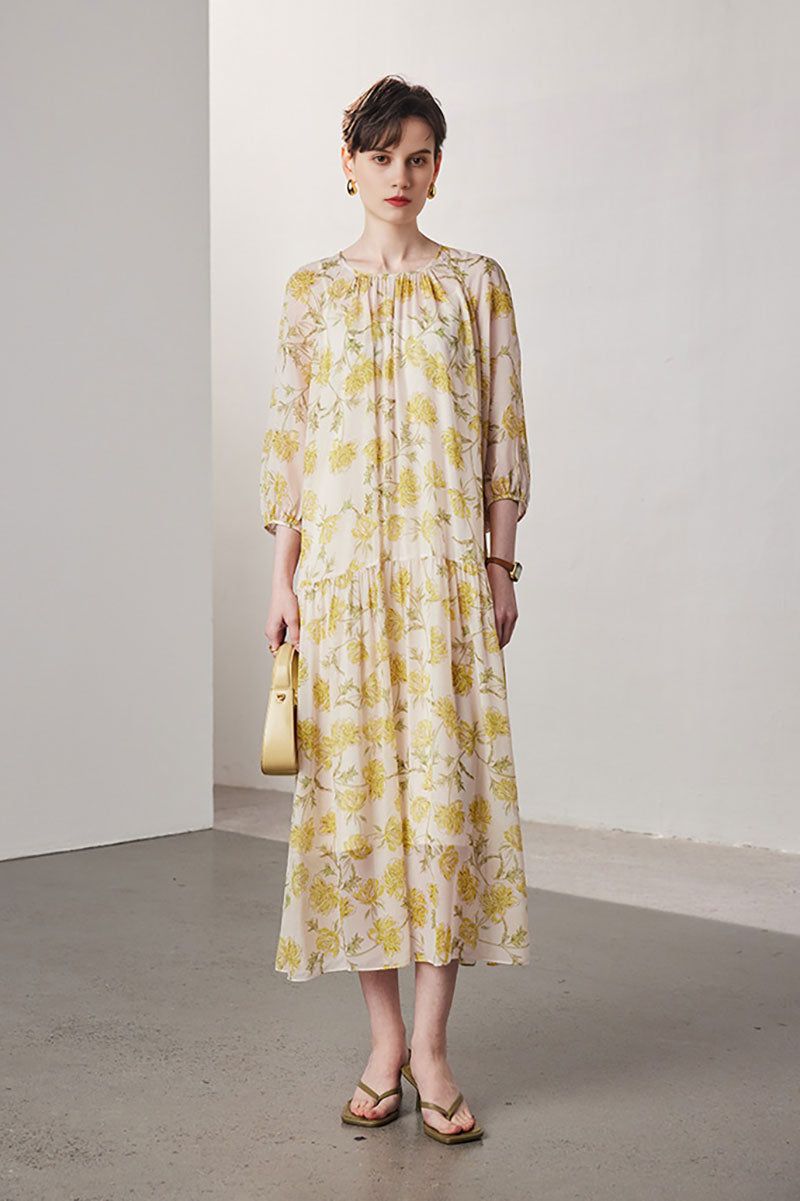 100 Mulberry Silk Floral  Balloon-Sleeve Drop Waist Midi Dress