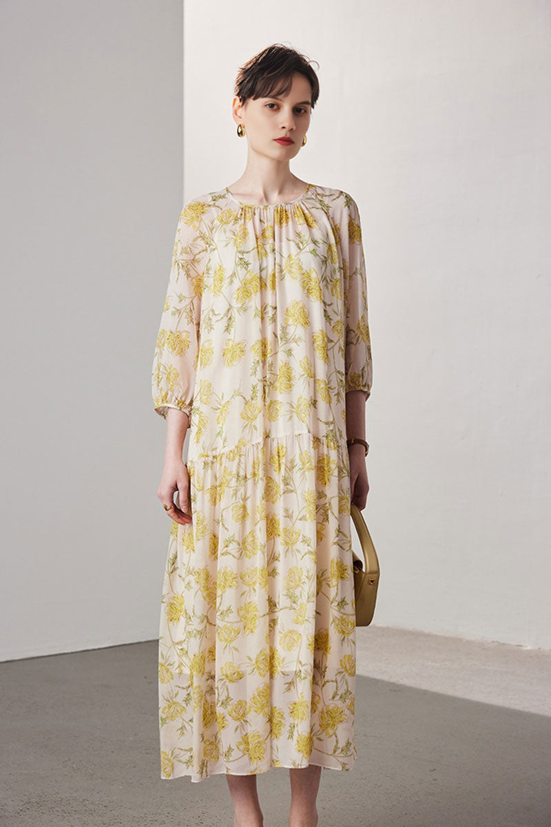 100 Mulberry Silk Floral  Balloon-Sleeve Drop Waist Midi Dress